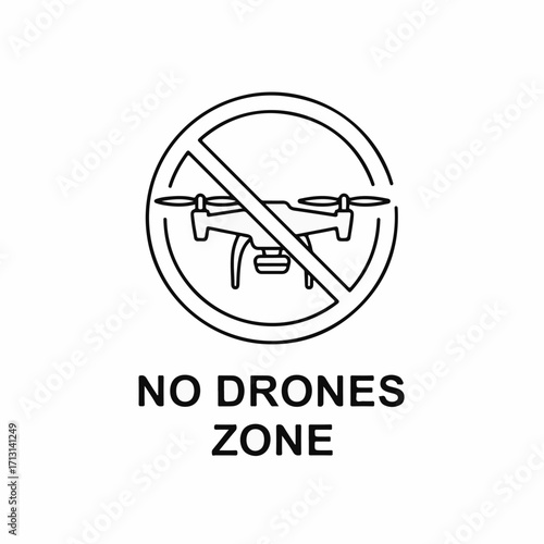 No drones zone outline icon with quadcopter crossed out and sign. No drones zone regulations show unmanned aerial vehicles prohibited. Concept no drones zone for restricted areas.