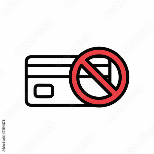 No credit card sign indicates declined payment or prohibited purchases, with simple icon design. No credit card icon signifies avoiding debt and overspending on unnecessary items.