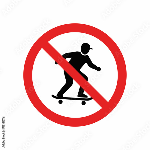 No skateboarding restriction symbol with skater in black silhouette, no skateboarding, no skateboarding. Symbol showcases ban in red circle, indicating restriction for skateboarders.