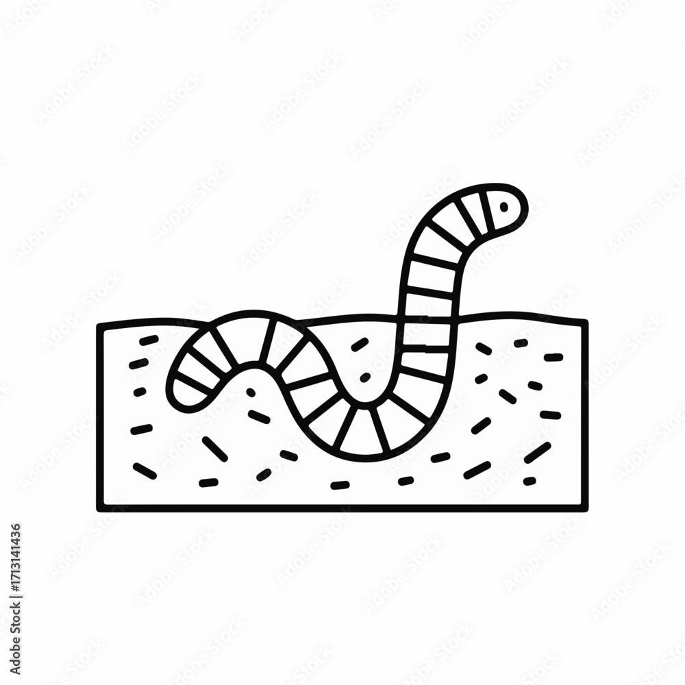 Fototapeta premium Earthworm in soil, cute worm illustration on white background. Worm in soil is simple worm icon, minimalist design for teaching material.