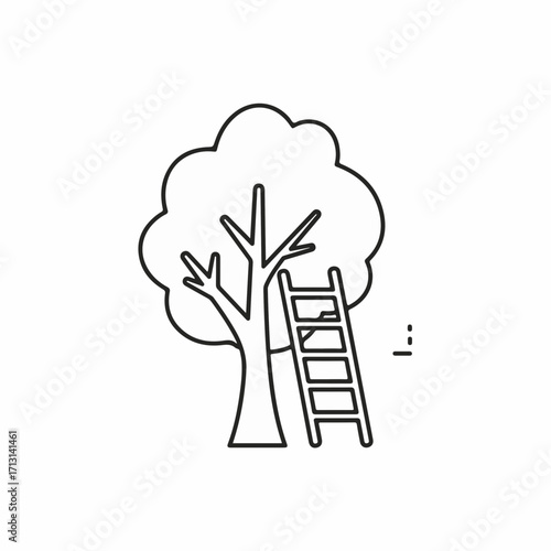 Ladder to tree in outline style, standing against tree trunk. Ladder to tree provides access to branches for pruning or gathering fruits, set against minimalist background.
