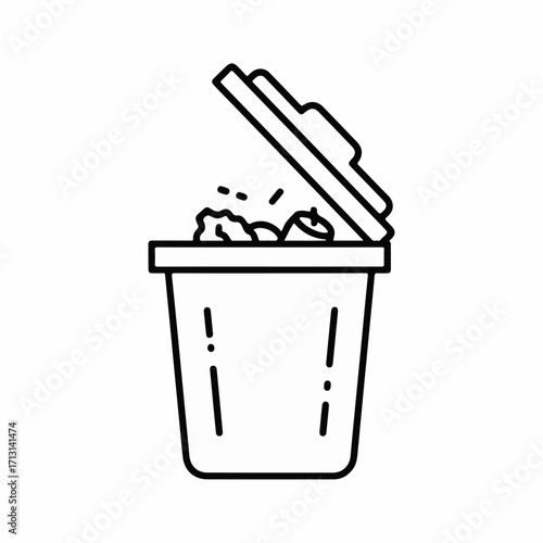 Open trash can filled with garbage with floating scraps, line icon. Open trash can represents disposal of waste and keeping environment clean, open trash can also symbolizes recycling efforts,