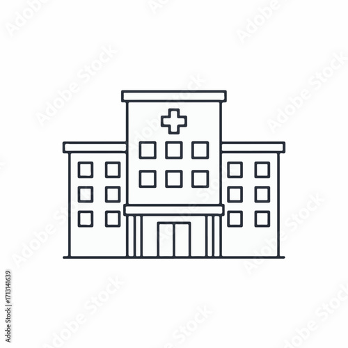 Hospital building isolated on white background in outline style. Hospital building represents healthcare and medical services, simple design for graphic representation.
