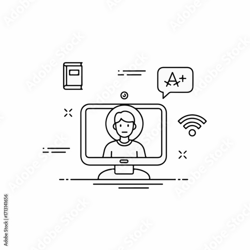 Online class session featuring student on a monitor screen for distant learning. Online class includes wifi, grade symbol, and book to represent education process.