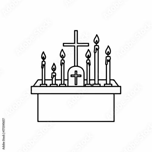 Depiction of Day of the dead altar features candles and cross. Day of the dead altar, or ofrenda, is traditionally used to honor deceased loved ones during mexican holiday celebrations.