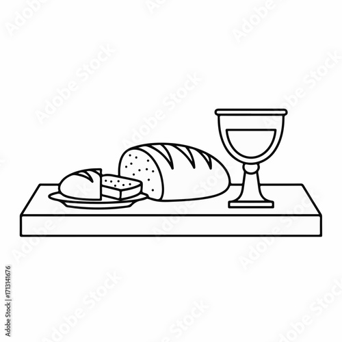 Eucharist concept features bread and wine on wooden board, minimalist outline. Eucharist symbolism embodies faith, communion, and sacredness in clean, simple design.