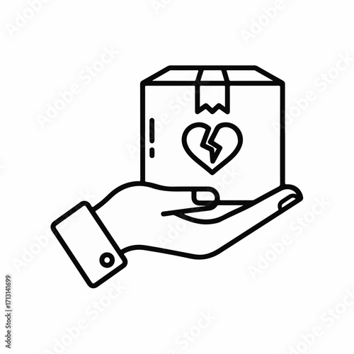 Hand holding broken heart gift box with sad breakup concept, featuring delicate line art. Broken heart gift represents end of relationship, symbolizes hurt feelings and emotional distress.