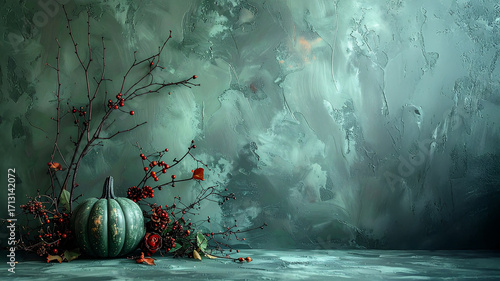  A still-life scene capturing a classic yet elegant Halloween theme. A muted green pumpkin sits on a floor with branches and red berries against a dramatic, textured green and gray background. The ove