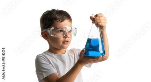 Young boy wearing safety goggles holding a flask with blue liquid isolated on transparent background