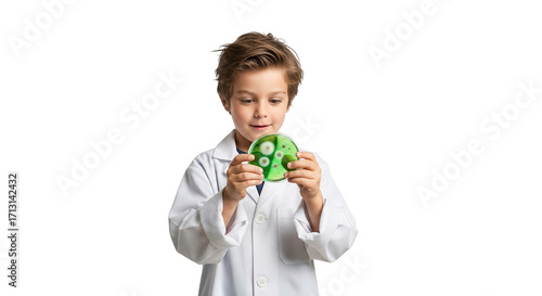 A young boy in a lab coat holds a green, spherical object with protrusions, isolated on transparent background