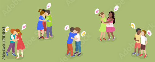 3D Isometric Flat Vector Illustration of Hugging Kids, Kids Friends Embracing In Warm Hug With Innocent Giggles And Genuine Smiles