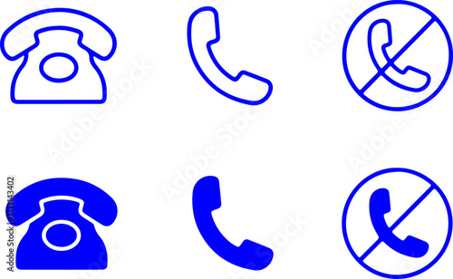 Blue icons of old and new telephones with prohibition symbols on a white background call communication