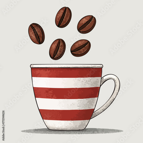Artistic Illustration of Coffee Beans and a Red-and-White Striped Mug