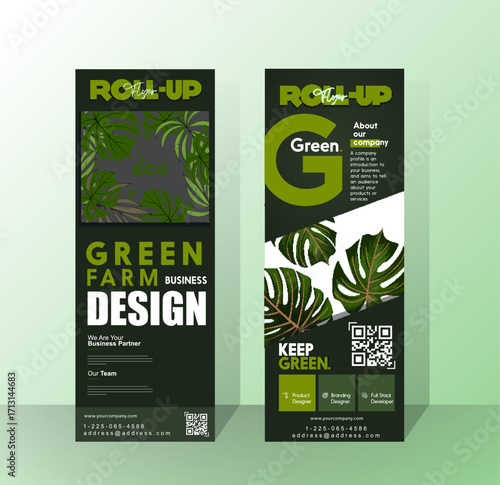 Ecology banner template with green leaves decor and standee shape