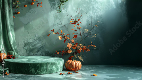 A still-life scene for Halloween featuring a jack-o'-lantern and an arrangement of dry branches with vibrant autumn leaves. A teal-green velvet curtain drapes over a matching round pedestal, setting a