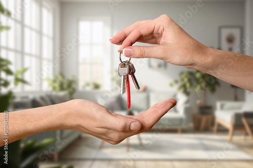 Agent giving key to owner or tenant. Property lease