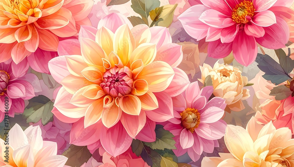 Obraz premium A detailed floral design showcases a vibrant collection of dahlias in shades of peach, pink, and cream, highlighting intricate petal details and delicate green leaves.