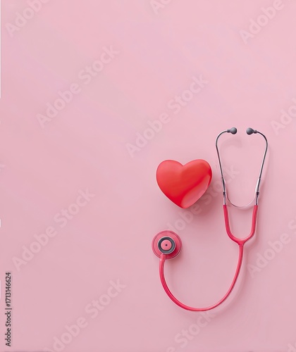 Pink background red heart stethoscope health
