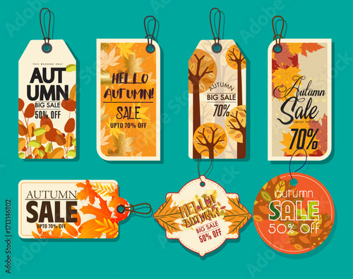 Autumn tags template with colored leaves and flat shapes