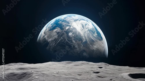 A stunning video still of Earth rising over the moon's horizon, captured from a low-angle perspective, highlighting the vastness of space. Live desktop wallpaper.