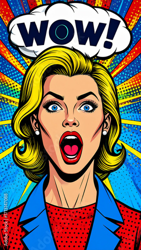 Custo pop art poster of a woman shouting with a speech bubble saying WOWm AI Model