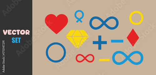 Colorful vector set of symbols including heart infinity plus minus and diamond shapes