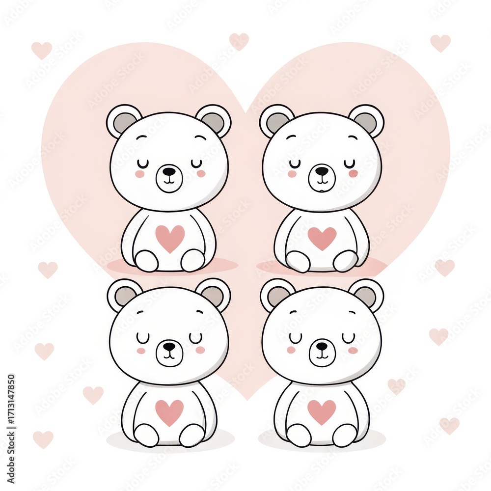 Naklejka premium Four cute polar bears with hearts isolated on white background