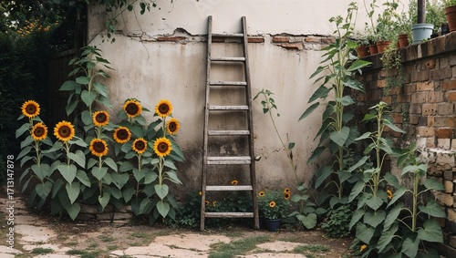 Fototapeta Naklejka Na Ścianę i Meble -  Backyard ladder leaning against wall with sunflowers and worn path nearby