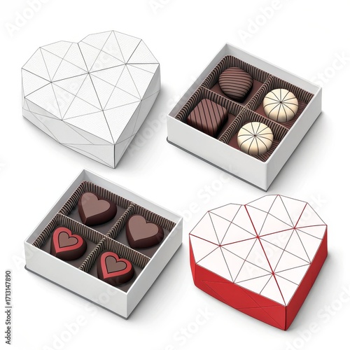 Assorted chocolates in heart shaped boxes isolated on white background