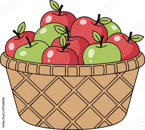 A vibrant pixel art illustration depicting a wicker basket overflowing with a mix of ripe red and green apples. 