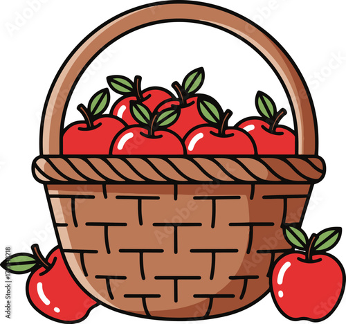 A line art illustration depicts a brown wicker basket overflowing with red apples and two additional apples resting beside it. The apples have green leaves.