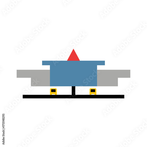 Geometric illustration of a stylized aircraft, featuring a red triangle and rectangular shapes.