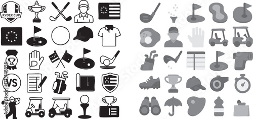 Golf icons set black and white sport equipment.