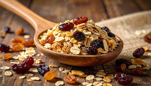A wooden bowl filled with wholesome granola, featuring a mix of crunchy oats and colorful dried fruits.