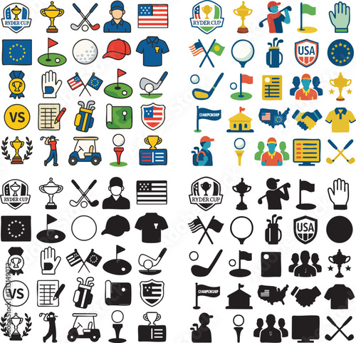 Golf Icons Set Colorful and Monochrome Designs.