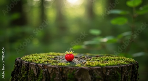 Vibrant Wild Strawberry on a Mossy Stump in a Lush, Green Forest