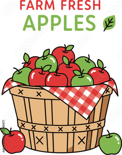 Illustration of a wooden basket overflowing with ripe red and green apples, adorned with a red and white checkered cloth. Perfect for fall themes, harvest celebrations, and apple-related projects.