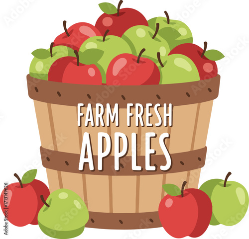 A vibrant illustration showcases a wooden bushel overflowing with ripe red and green apples. Surrounding the basket are more apples, emphasizing freshness and abundance.