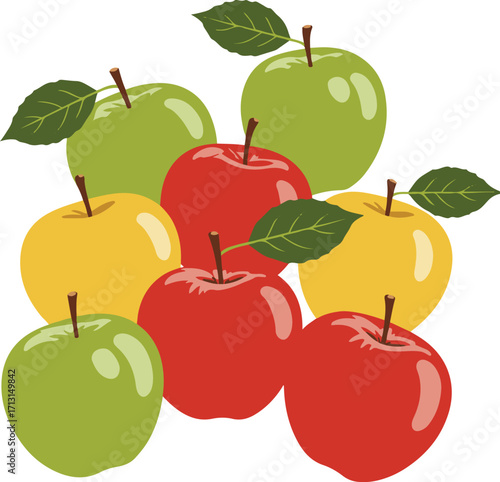 The illustration showcases a mix of red, green, and yellow apples, each with a glossy sheen and subtle texturing