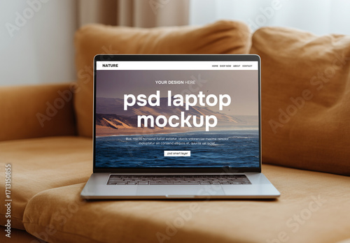 Laptop on sofa mockup