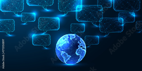 Global communication concept with Earth and speech bubbles, digital polygonal low poly vector style