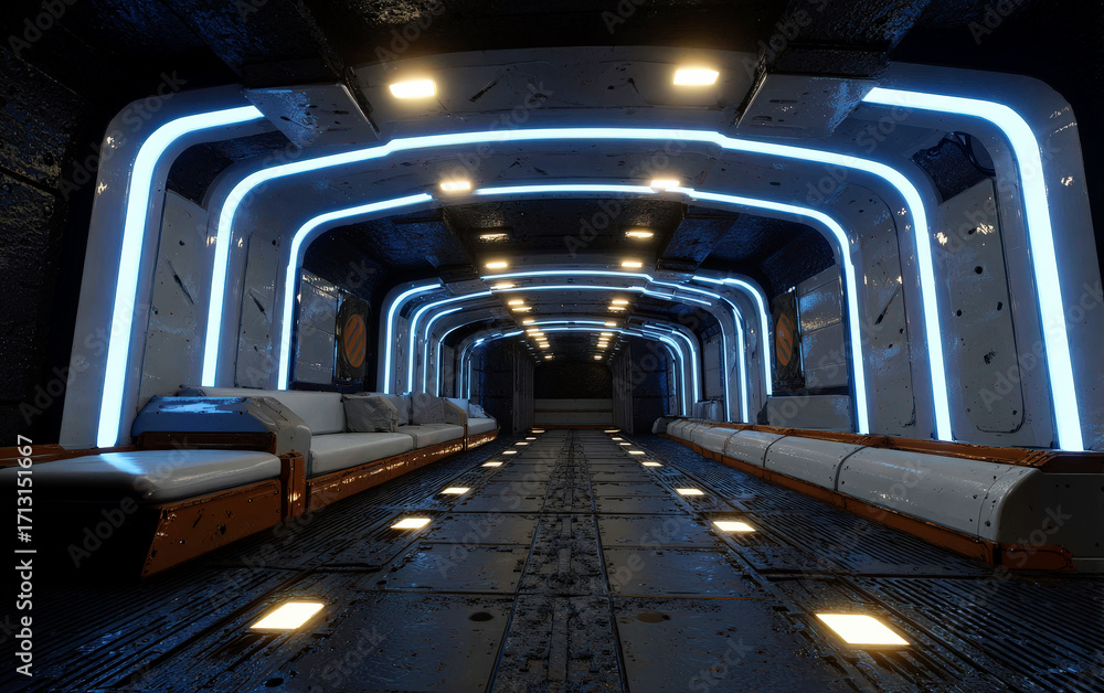 Obraz premium Futuristic spaceship corridor with blue neon lights and seating