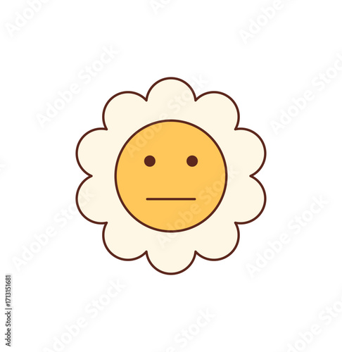 Retro groovy flower sticker in cartoon graphic style with a fun yellow smiley face creates a cute groovy element. Fun y2k vibe and cheerful motif, ideal for playful sticker labels or bright retro