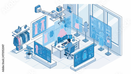 Fashion designer using futuristic technology to create clothing in a modern studio with holographic displays and robotic arms, showcasing innovation and creativity.