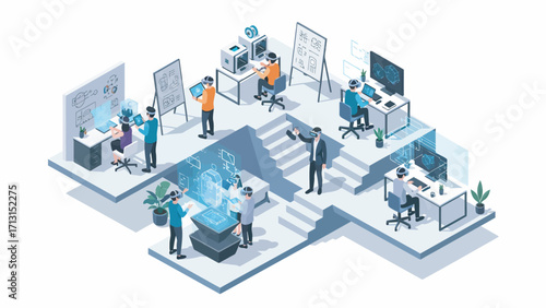 Business team collaborating on futuristic project in modern office space, brainstorming ideas and developing innovative solutions with a focus on technology and teamwork.