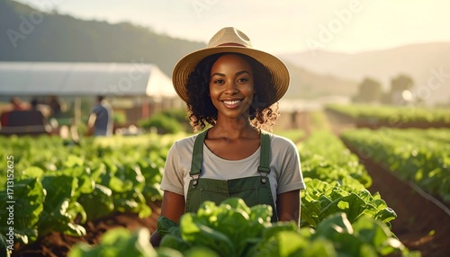 A woman farmer stands proudly amongst vibrant green leafy vegetables in a sunlit field, radiating a sense of accomplishment and connection with nature.
