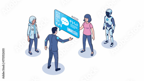 Business team interacting with ai interface in modern office, showcasing collaboration between humans and artificial intelligence for innovative solutions.