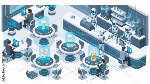 Robots serving customers in futuristic cafe with holographic food displays and sleek modern furniture, creating a scene of technological innovation and efficiency.