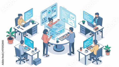 Team collaborates on virtual data analysis in modern office, showcasing teamwork and technology integration with a futuristic feel.