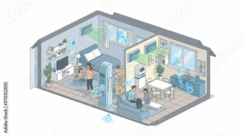 Family enjoys smart home technology controlling temperature and air quality in modern living space, showcasing comfort and convenience.